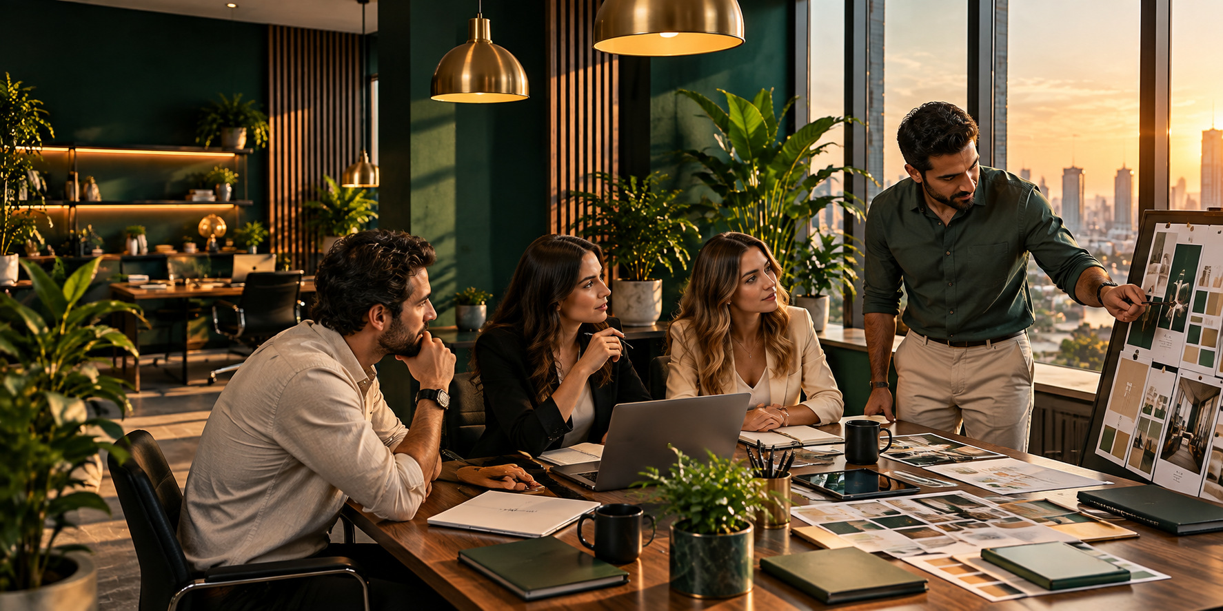 Illustrative creative team meeting, not a photograph of company staff