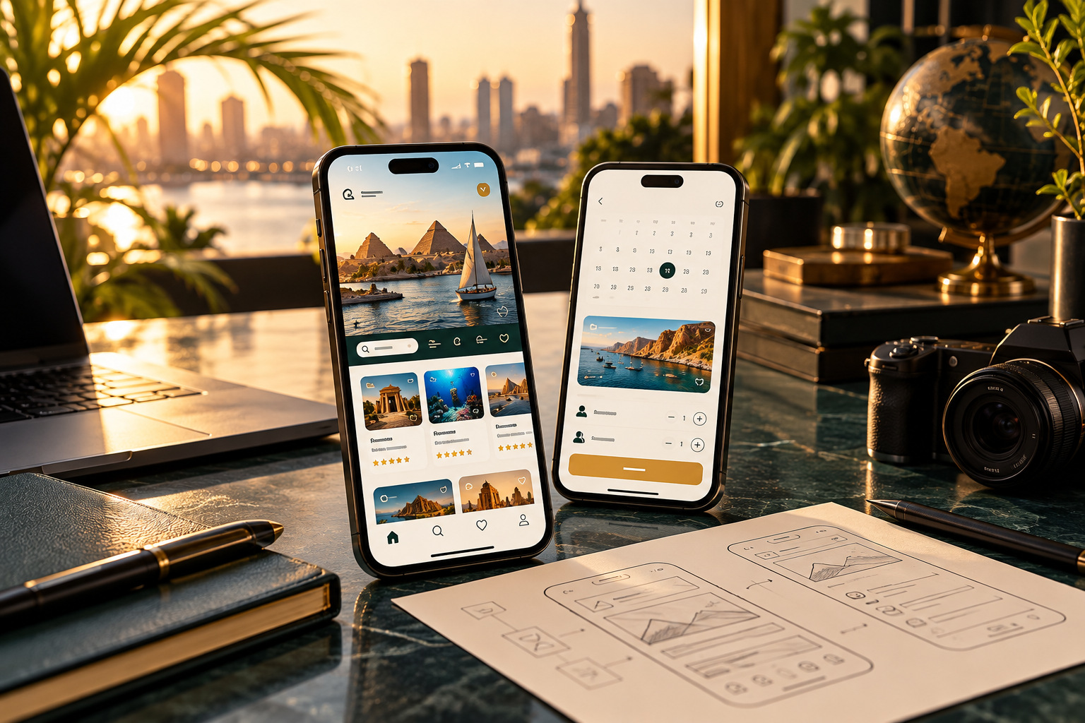 Mobile travel app interface concept on two phones
