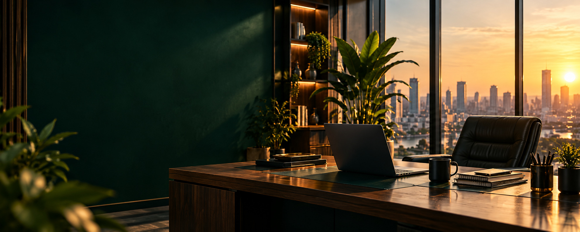 Sunlit agency workspace with an unbranded desk