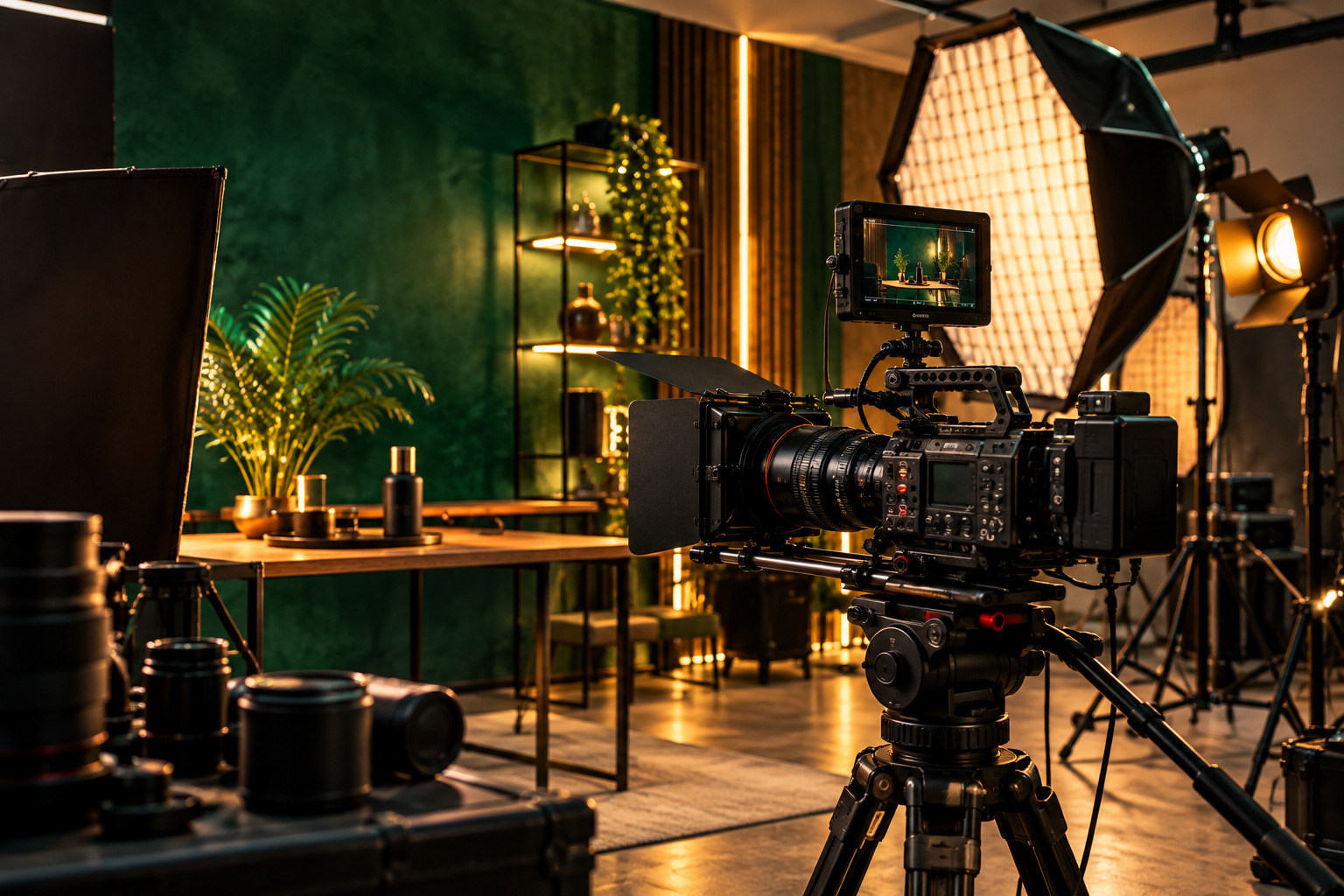 Professional camera and lighting in a production studio