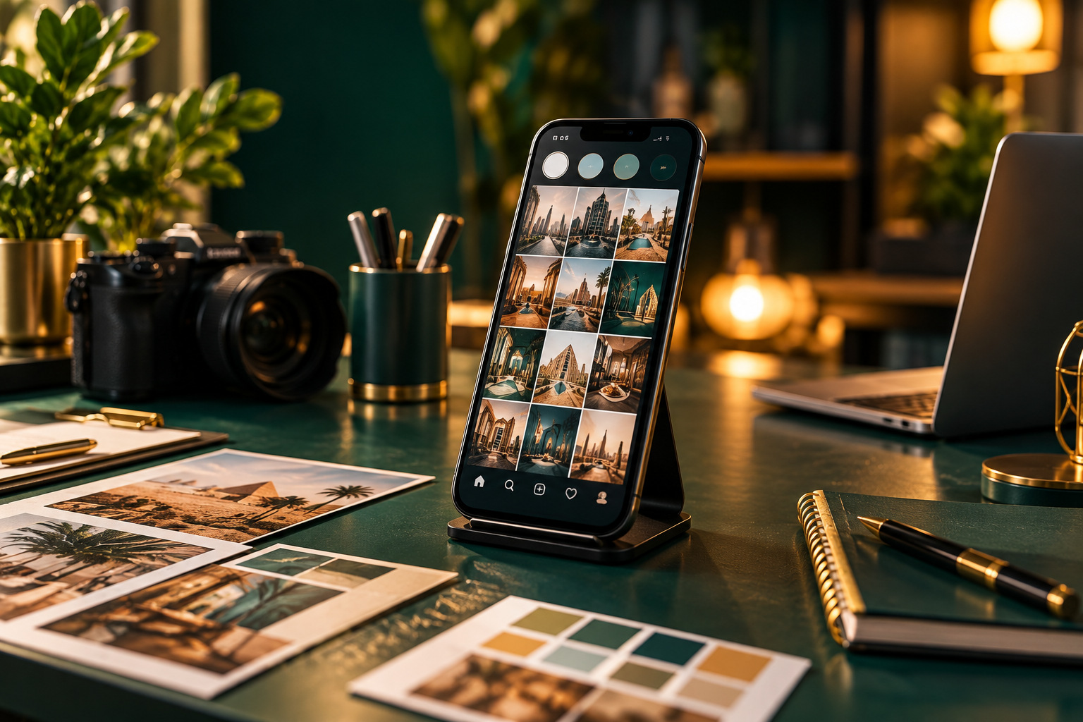 Content planning studio with a smartphone and camera